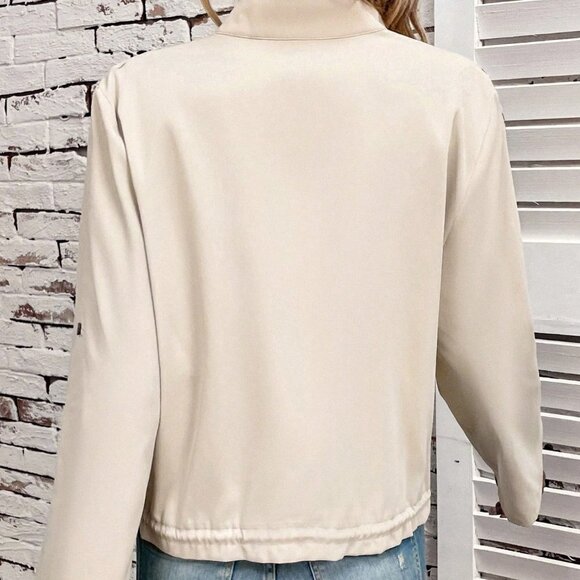 Apricot Casual Womens Flap Pocket Roll Tab Sleeve Drawstring Hem Zip Up Jacket - Picture 2 of 5